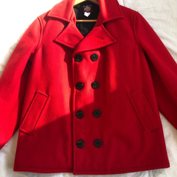 VTG Womens Johnson Woolen Mills WOOL Red Peacoat Jacket Sz L Blk Quilted Lining - Picture 4 of 13